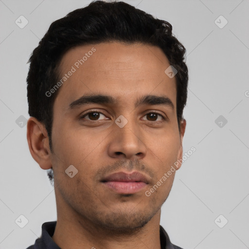 Neutral latino young-adult male with short  black hair and brown eyes