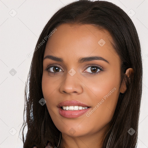 Joyful latino young-adult female with long  brown hair and brown eyes