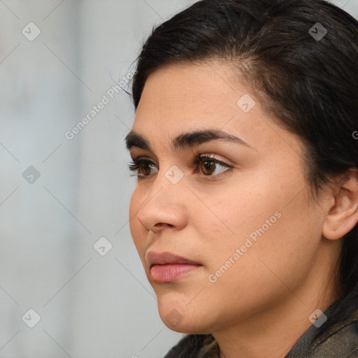 Neutral white young-adult female with medium  brown hair and brown eyes