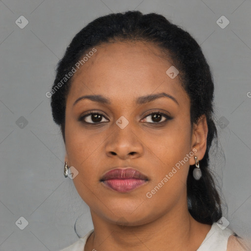 Neutral black young-adult female with long  black hair and brown eyes