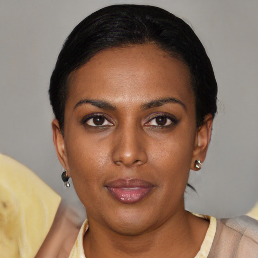 Neutral black young-adult female with short  black hair and brown eyes