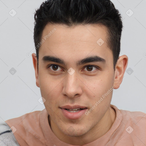 Neutral latino young-adult male with short  brown hair and brown eyes