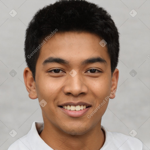 Joyful latino young-adult male with short  black hair and brown eyes