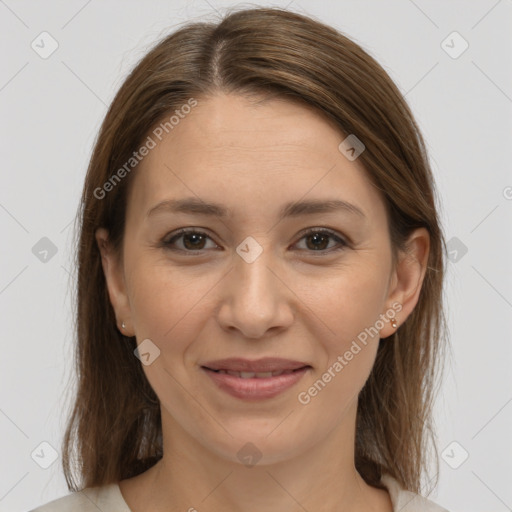 Joyful white young-adult female with medium  brown hair and brown eyes