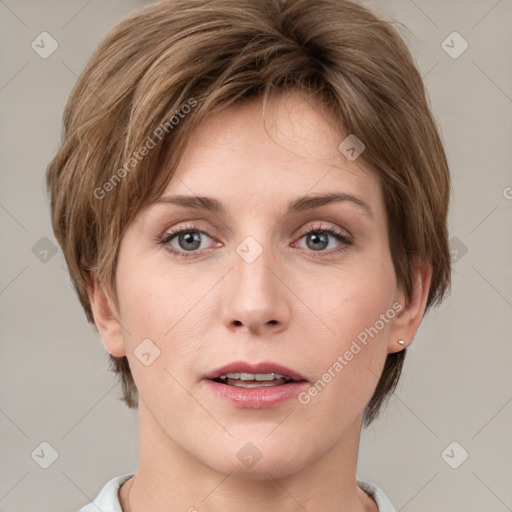 Neutral white young-adult female with medium  brown hair and grey eyes