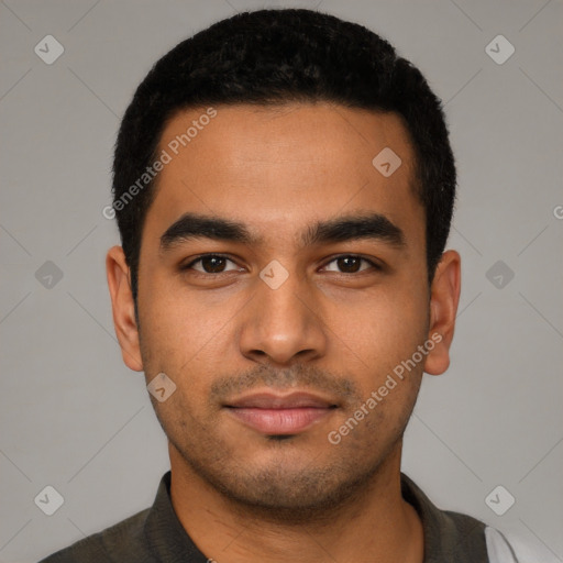 Neutral latino young-adult male with short  black hair and brown eyes