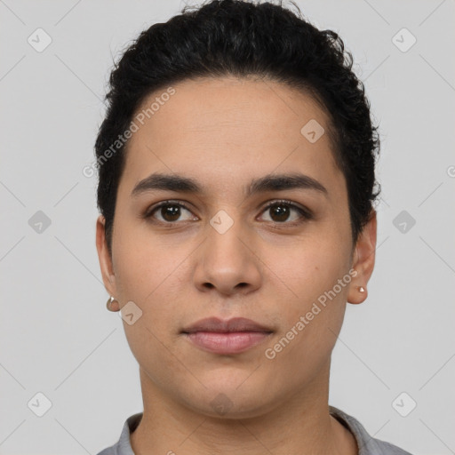 Neutral latino young-adult male with short  black hair and brown eyes