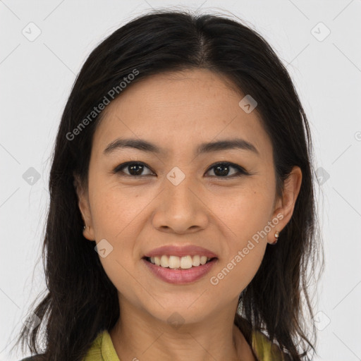 Joyful white young-adult female with long  brown hair and brown eyes