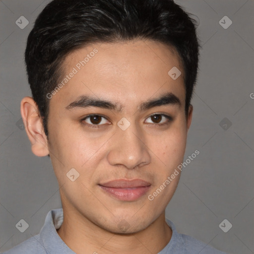 Joyful latino young-adult male with short  brown hair and brown eyes