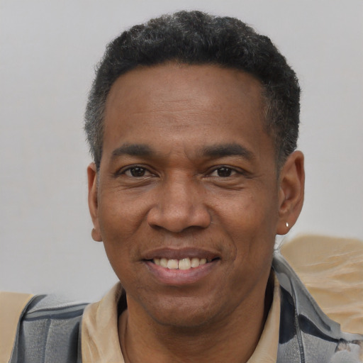 Joyful black adult male with short  black hair and brown eyes