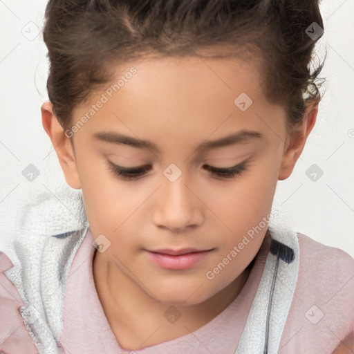 Joyful white child female with short  brown hair and brown eyes