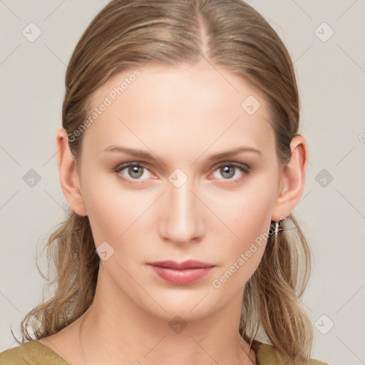 Neutral white young-adult female with medium  brown hair and grey eyes