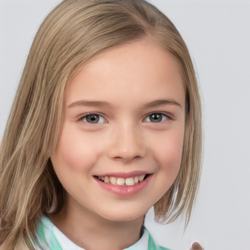 Joyful white child female with medium  brown hair and brown eyes