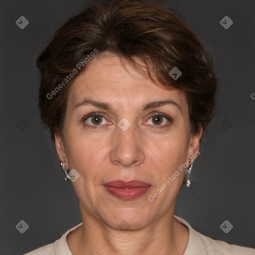 Joyful white adult female with short  brown hair and brown eyes