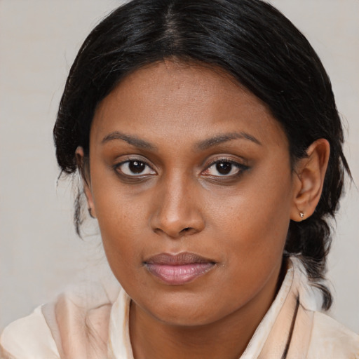 Joyful black young-adult female with medium  brown hair and brown eyes