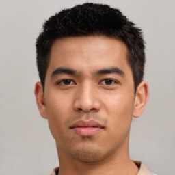 Neutral asian young-adult male with short  black hair and brown eyes