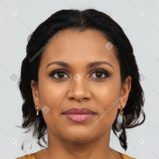 Joyful latino young-adult female with medium  brown hair and brown eyes