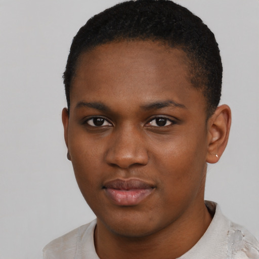 Neutral black young-adult female with short  black hair and brown eyes