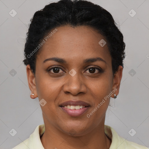 Joyful black young-adult female with short  brown hair and brown eyes