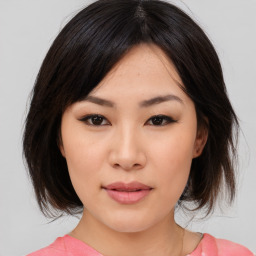 Neutral asian young-adult female with medium  brown hair and brown eyes