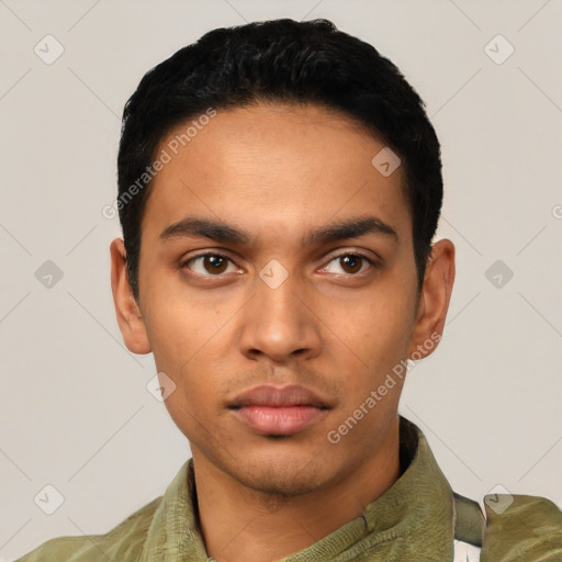 Neutral latino young-adult male with short  black hair and brown eyes