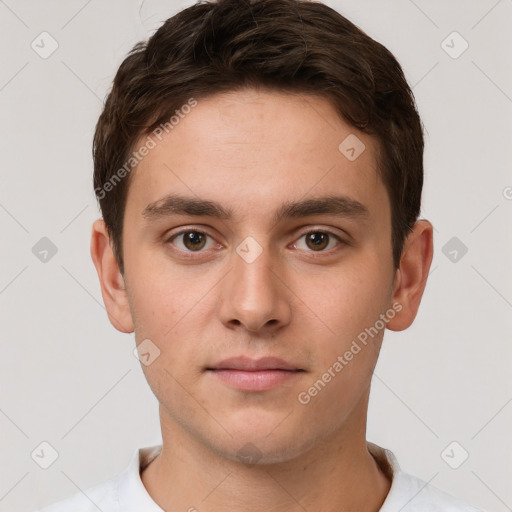 Neutral white young-adult male with short  brown hair and brown eyes