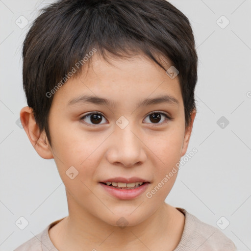 Joyful white child female with short  brown hair and brown eyes