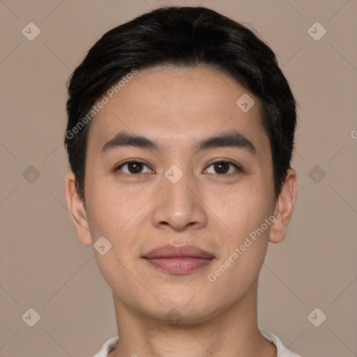 Joyful white young-adult male with short  black hair and brown eyes