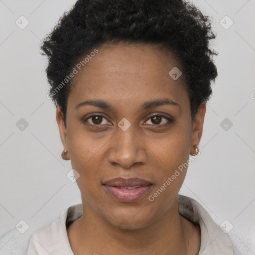 Neutral black young-adult female with short  black hair and brown eyes