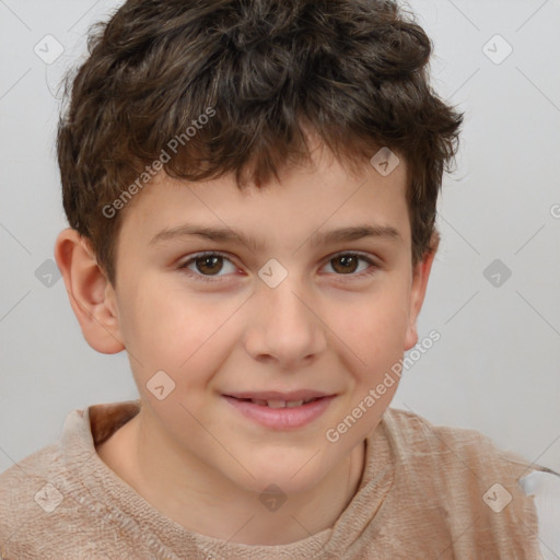 Joyful white child male with short  brown hair and brown eyes