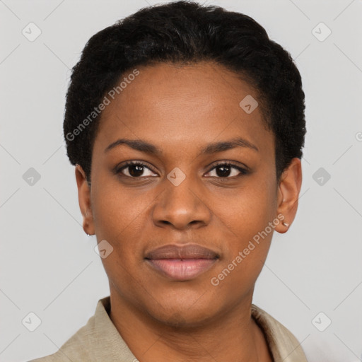 Joyful black young-adult female with short  black hair and brown eyes