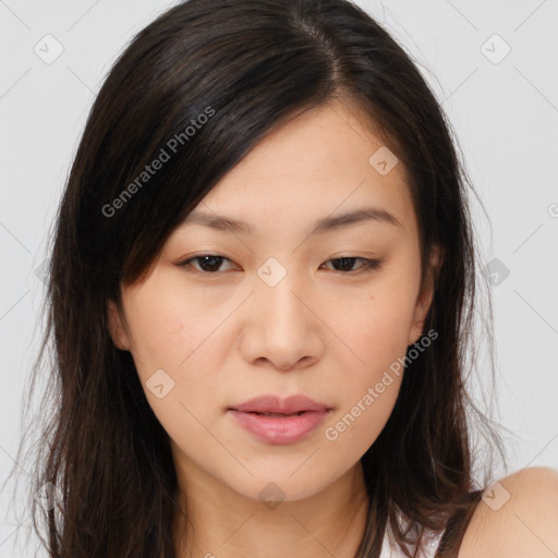 Neutral asian young-adult female with long  brown hair and brown eyes