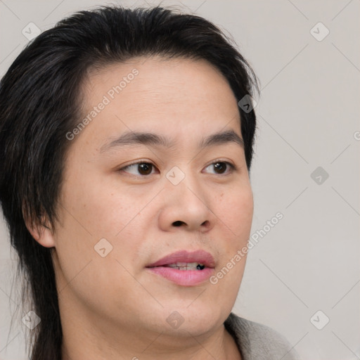 Neutral white young-adult female with short  brown hair and brown eyes