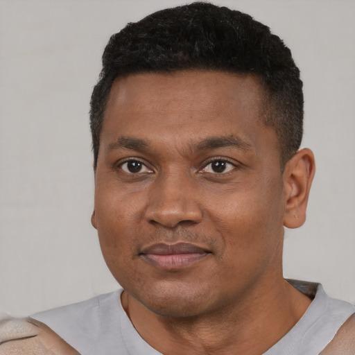Neutral black young-adult male with short  black hair and brown eyes