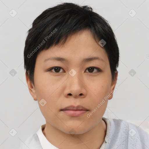 Neutral asian young-adult female with short  brown hair and brown eyes