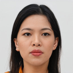 Neutral asian young-adult female with long  brown hair and brown eyes