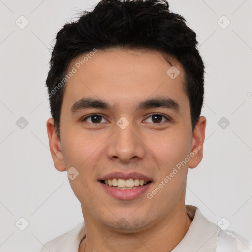 Joyful white young-adult male with short  black hair and brown eyes