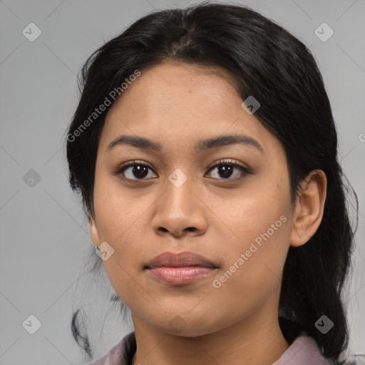 Joyful asian young-adult female with medium  black hair and brown eyes