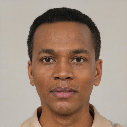 Neutral latino adult male with short  black hair and brown eyes