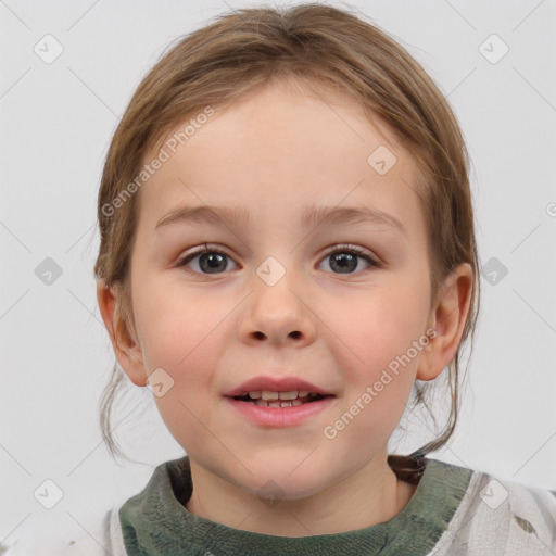 Joyful white child female with medium  brown hair and grey eyes