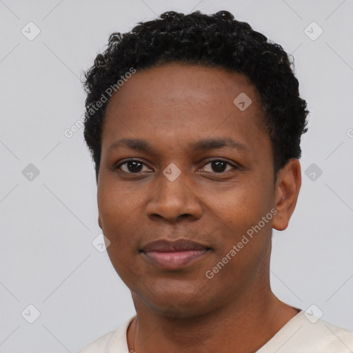 Neutral black young-adult female with short  black hair and brown eyes