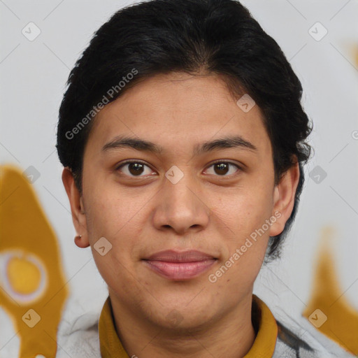 Joyful asian young-adult female with short  brown hair and brown eyes