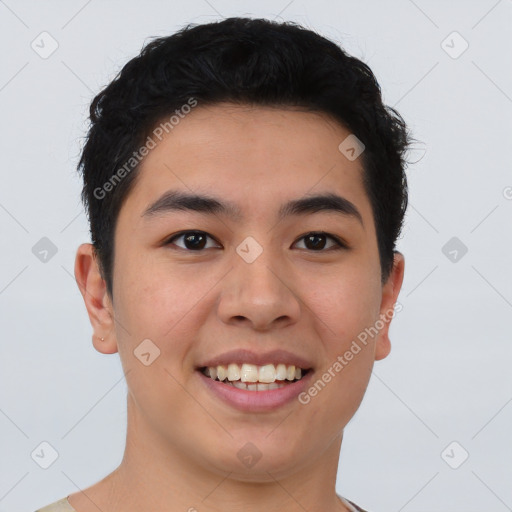 Joyful asian young-adult male with short  black hair and brown eyes