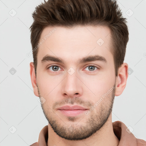 Neutral white young-adult male with short  brown hair and brown eyes