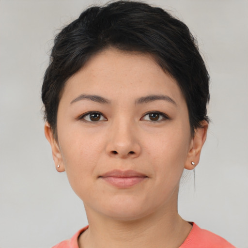 Neutral asian young-adult female with short  brown hair and brown eyes