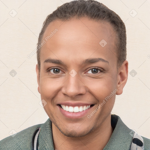 Joyful white young-adult male with short  brown hair and brown eyes