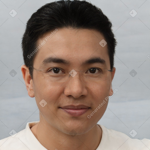 Joyful asian young-adult male with short  brown hair and brown eyes