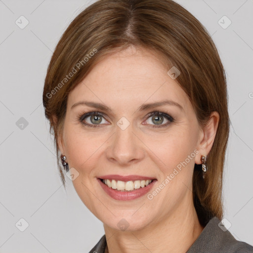 Joyful white young-adult female with medium  brown hair and grey eyes