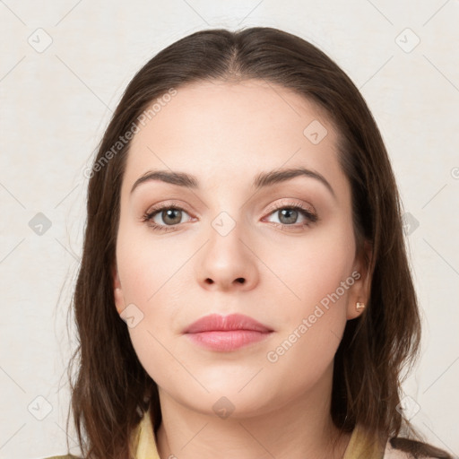 Neutral white young-adult female with medium  brown hair and brown eyes