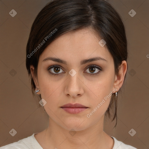 Neutral white young-adult female with medium  brown hair and brown eyes